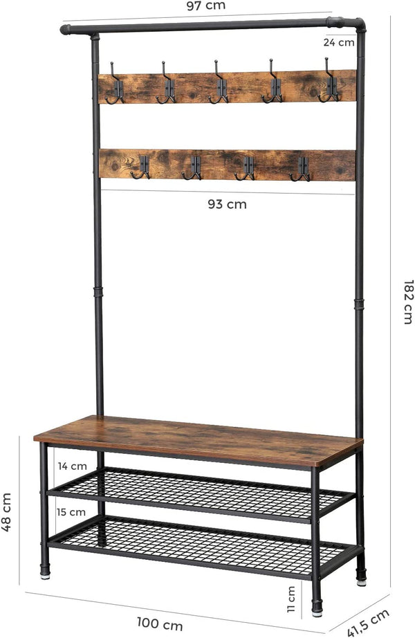 Coat Rack with Bench, Shoe Storage & 9 Hooks - Karrari