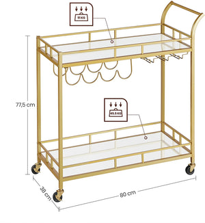 Serving Trolley Trolley Glass Holder 2 Mirrored Glass Shelves Bar Trolley Wine Cart Kitchen Dining Bar Gold - Karrari