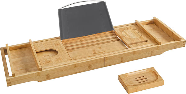 Bamboo Bathtub Tray with Book & Drink Holder - Karrari