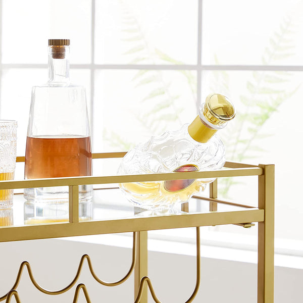 Serving Trolley Trolley Glass Holder 2 Mirrored Glass Shelves Bar Trolley Wine Cart Kitchen Dining Bar Gold - Karrari
