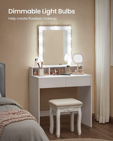 Dressing Table with Mirror and Bulbs, Cosmetic Table with 2 Drawers and 3 Open Compartments, Dressing Table for Makeup, Modern, White