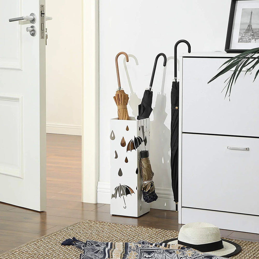 Square Metal Umbrella Stand with Drip Tray & 4 Hooks - Karrari
