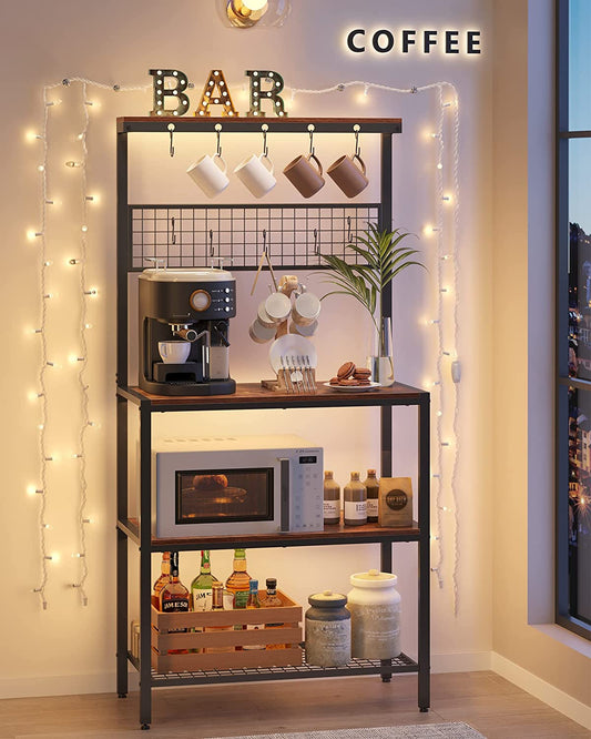 Bakers Rack, Coffee Bar, Kitchen Storage Shelf Rack with 10 Hooks, 3 Shelves, Adjustable Feet
