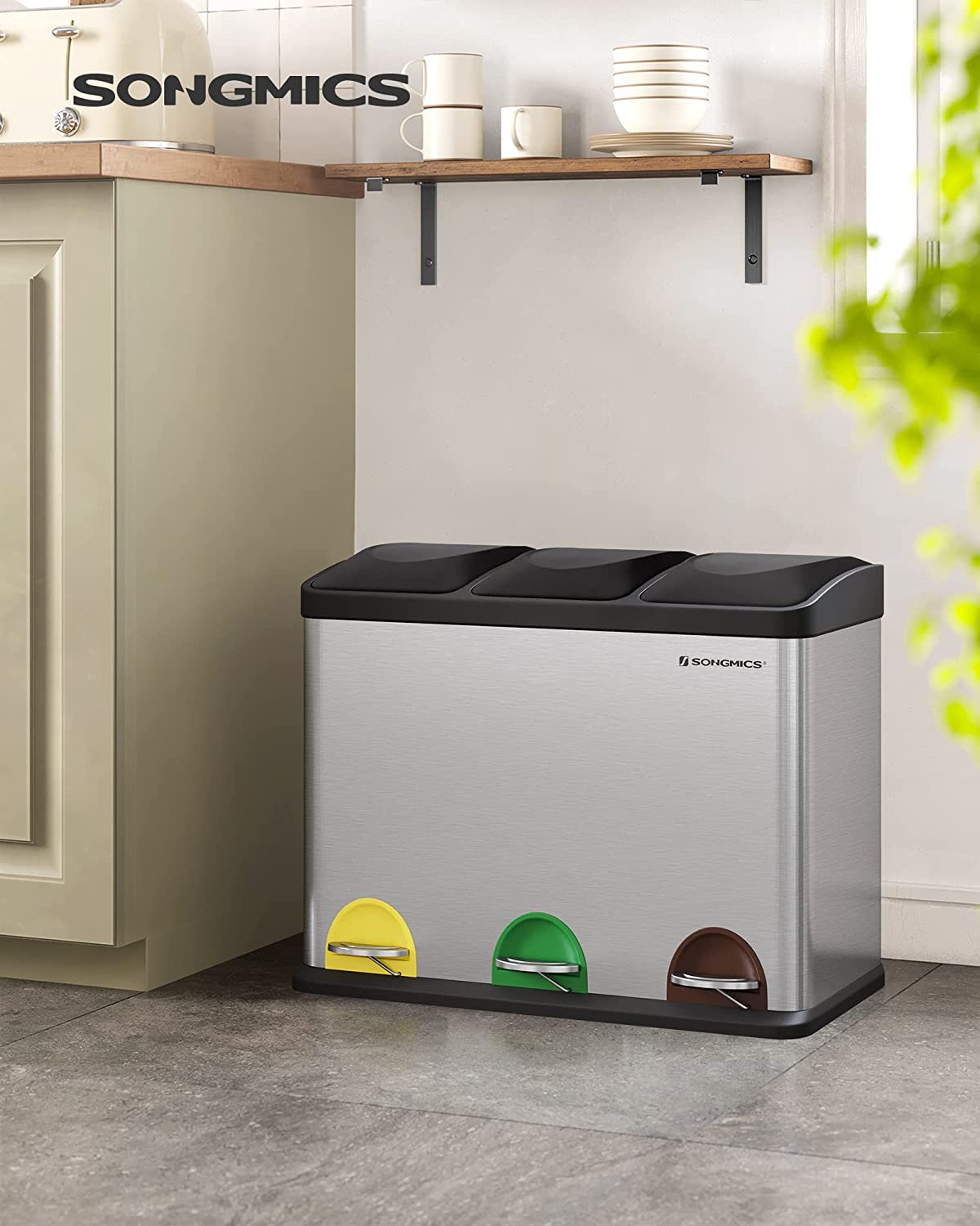 Recycling Bin, Pedal Bin, 45-Litre Metal Rubbish Bin, Waste Separation System Dustbin for Kitchen, Durable, 3 x 15 Litres, Stainless Steel