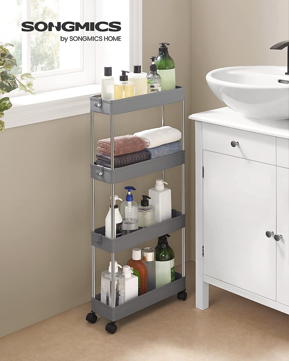 4-Tier Storage Trolley on Wheels, Plastic Storage Unit, Space-Saving Shelving Organiser for Small Spaces