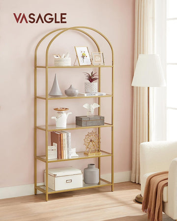 Shelf Unit, 5-Tier Ladder Shelving Unit, Slim Glass Shelf for Bedroom, Gold Colour
