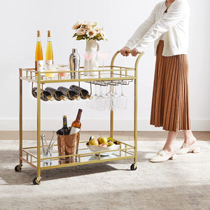 Serving Trolley Trolley Glass Holder 2 Mirrored Glass Shelves Bar Trolley Wine Cart Kitchen Dining Bar Gold - Karrari