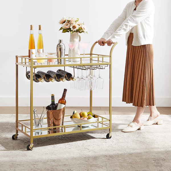 Serving Trolley Trolley Glass Holder 2 Mirrored Glass Shelves Bar Trolley Wine Cart Kitchen Dining Bar Gold - Karrari
