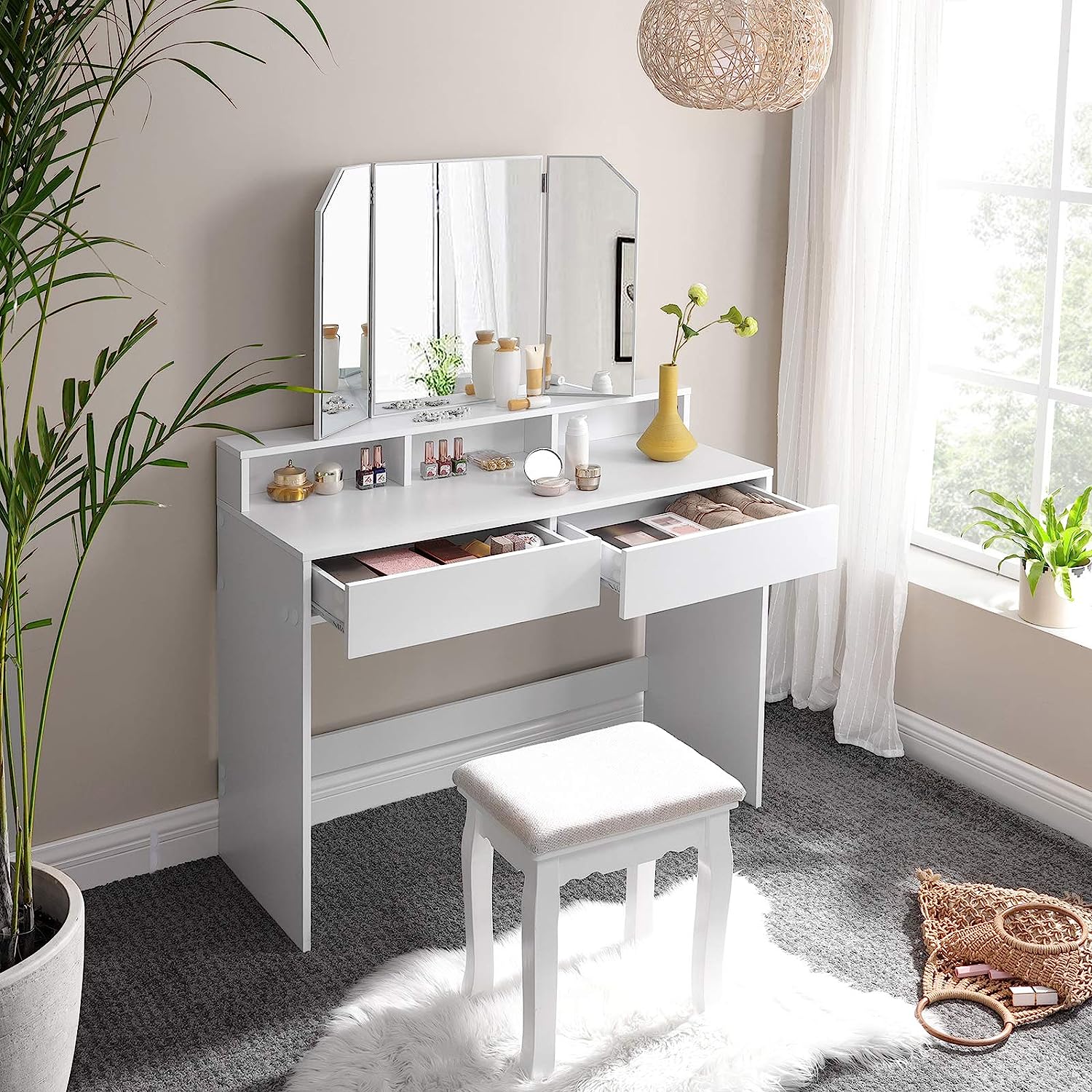 Dressing Table with Tri-Fold Mirror, Makeup Table with 2 Drawers and 3