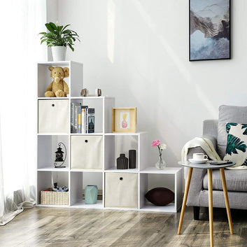 Bookcase, Stair Organiser, 10 Open Cubes, Wooden Display Shelf, Free Standing Shelf, 129.5 x 29 x 129.5 cm, Room Divider, White