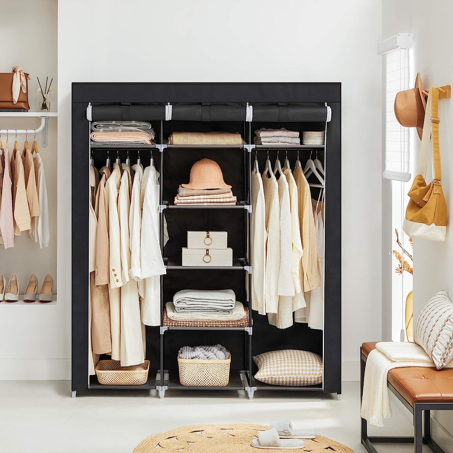 Folding Wardrobe, Fabric Cabinet, Foldable Coat Rack with 2 Clothes Rails, 175 x 150 x 45 cm, Black, Canvas