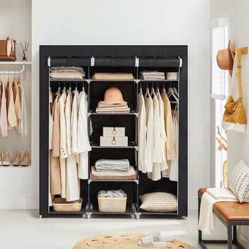 Folding Wardrobe, Fabric Cabinet, Foldable Coat Rack with 2 Clothes Rails, 175 x 150 x 45 cm, Black, Canvas