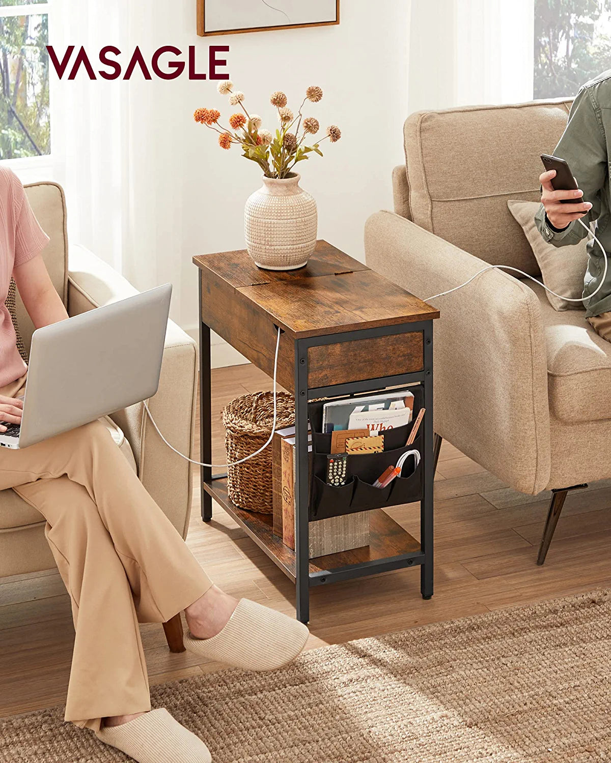 Side Table Folding Bedside Table with Sockets Folding Table Top with Shelf and Fabric Bag for Living Room Bedroom