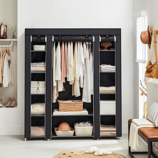 Portable Wardrobe, Foldable Closet, Clothes Storage Organiser with Hanging Rail, Shelves, Fabric Cover