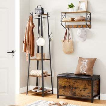 Coat Rack, Coat Stand with 3 Shelves, Ladder Shelf with Hooks for Scarves, Bags and Umbrellas