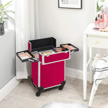 Cosmetic Case Trolley Makeup Case with Handle with 4 Universal Wheels with 4 Extendable Compartments for Travel Red