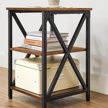 Side Table, End Table with X-Shape Steel Frame and 2 Storage Shelves