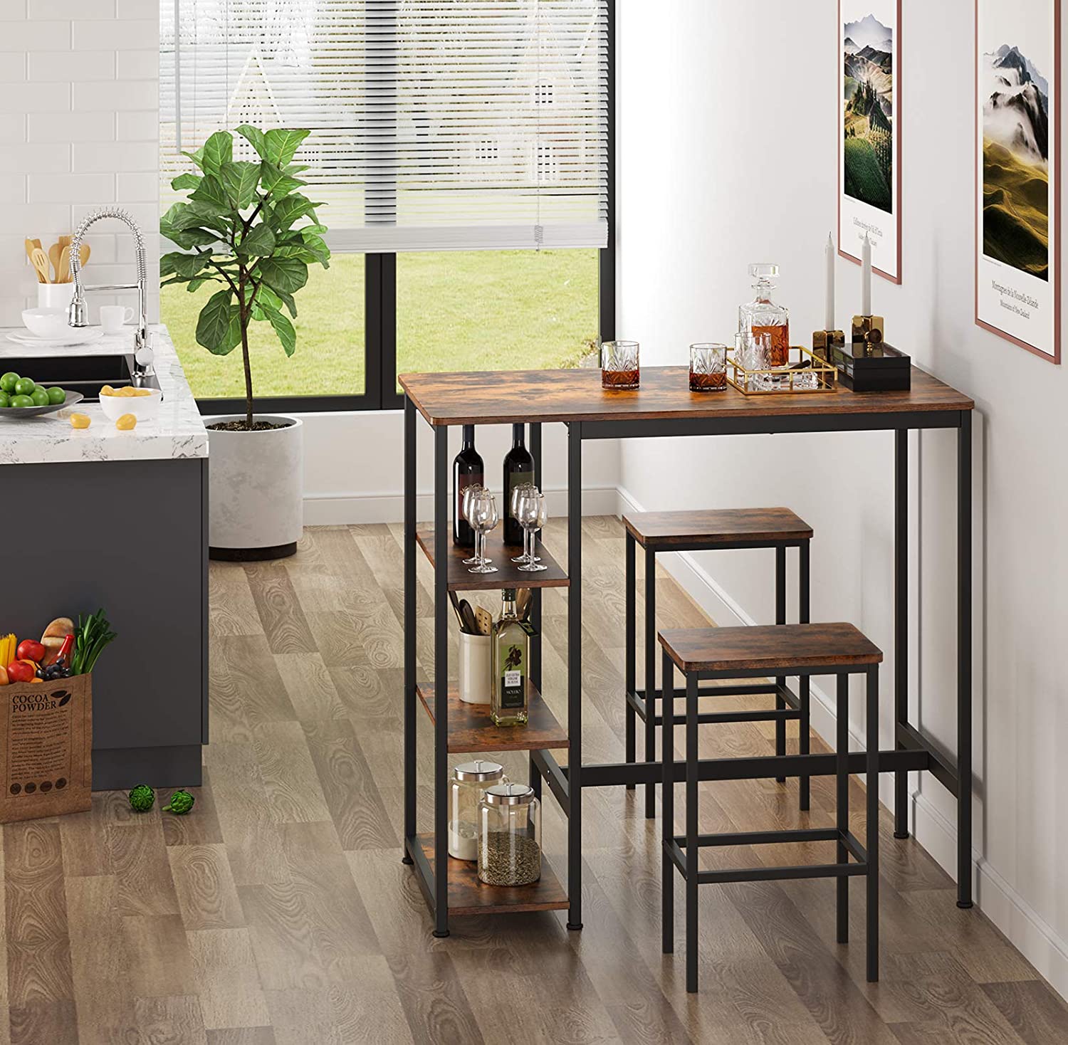 Rectangular Bar Table with 3 Shelves, Kitchen Table, Kitchen Counter, Sturdy Metal Frame, 109 x 60 x 100 cm