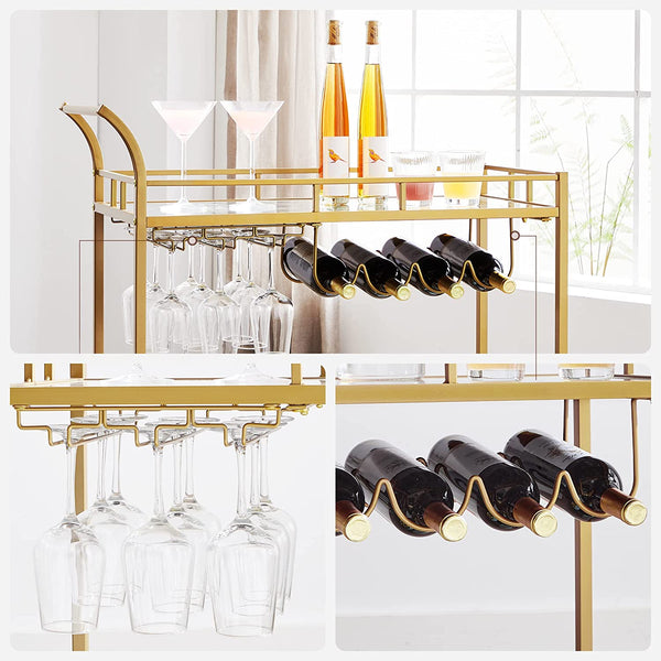 Serving Trolley Trolley Glass Holder 2 Mirrored Glass Shelves Bar Trolley Wine Cart Kitchen Dining Bar Gold - Karrari