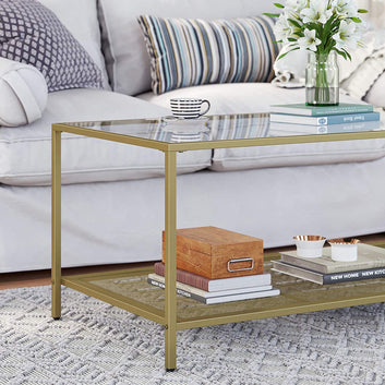 Coffee Table with Tempered Glass Top and Mesh Shelf, Cocktail Table with Stable Steel Frame, for Living Room
