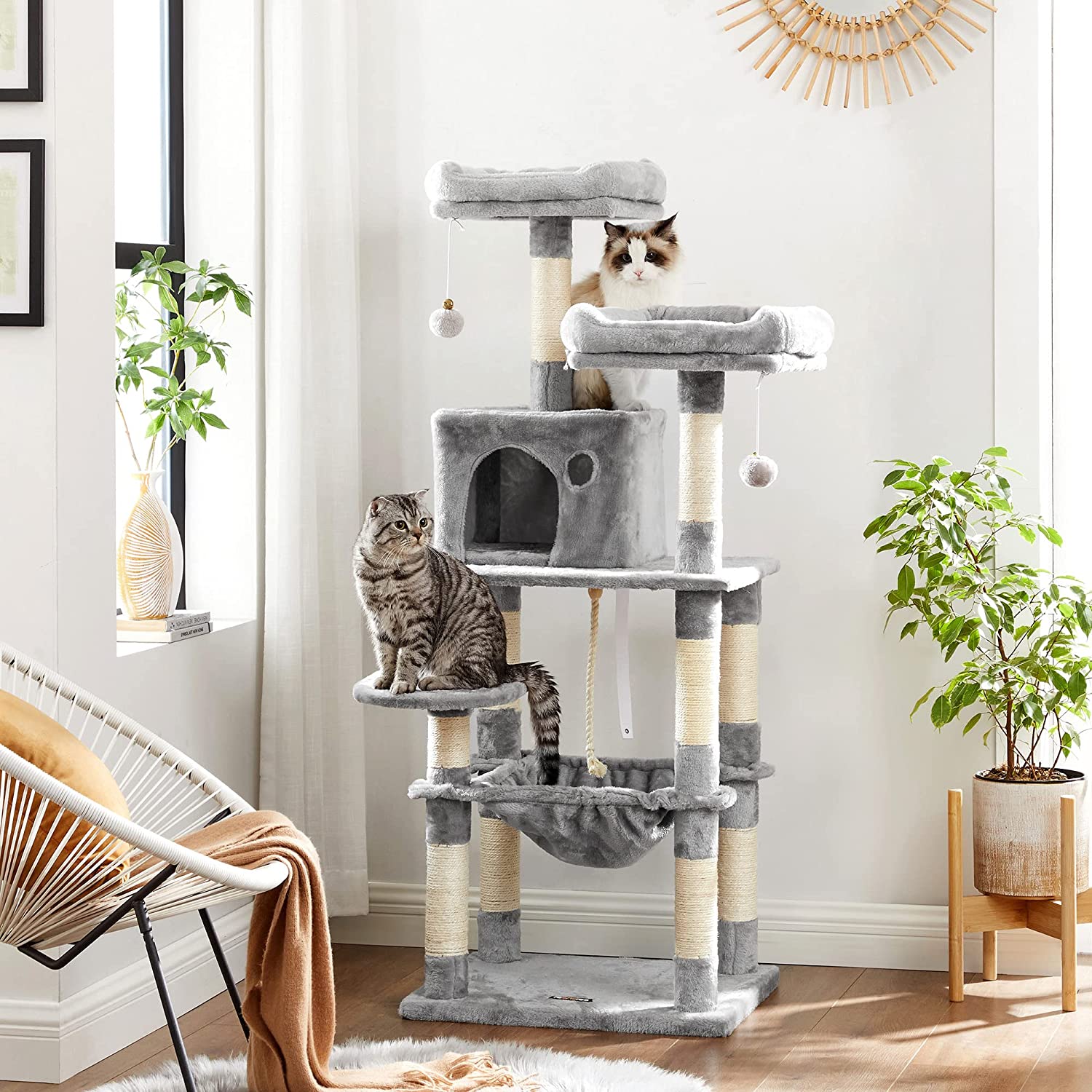 Cat Tree, Stable Cat Tower, 2 Plush Perches, 143cm, Light Grey