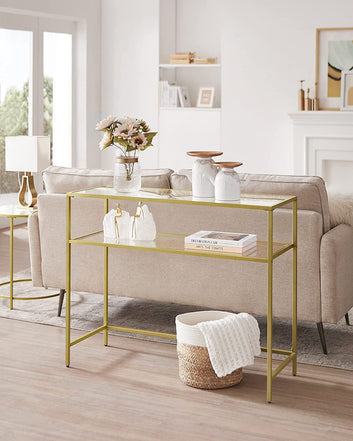 Console Table with 2 Shelves, Tempered Glass, Storage Shelf, Metal Frame, Adjustable Feet for Living Room