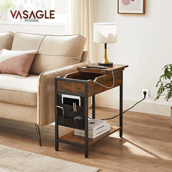 Side Table Folding Bedside Table with Sockets Folding Table Top with Shelf and Fabric Bag for Living Room Bedroom