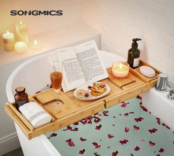 Bamboo Bathtub Tray with Book & Drink Holder - Karrari