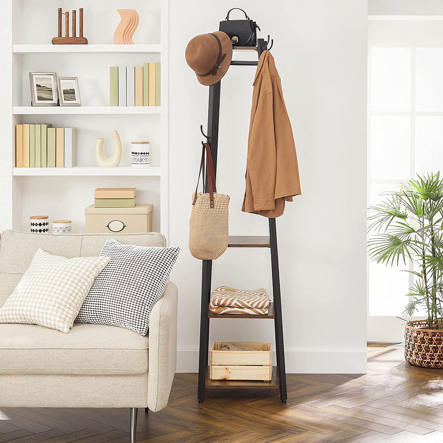 Coat Rack Coat Stand with 3 Shelves Ladder Shelf with Hooks for Scar