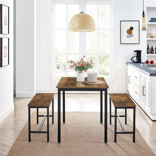 Dining Table with 2 Benches, 3 Pieces Set, Kitchen Table of 110 x 70 x 75 cm, 2 Benches of 97 x 30 x 50 cm Each, Steel Frame
