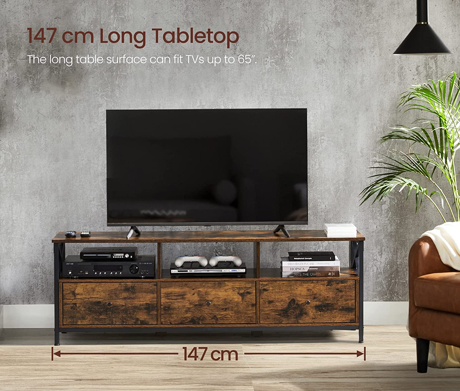 TV Stand Cabinet for up to 65 Inch TV, TV Unit with 3 Drawers and Storage Shelves, 147 x 40 x 50 cm