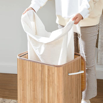 Bamboo Laundry Basket, XL Foldable Storage Hamper with Removable Washable Lining