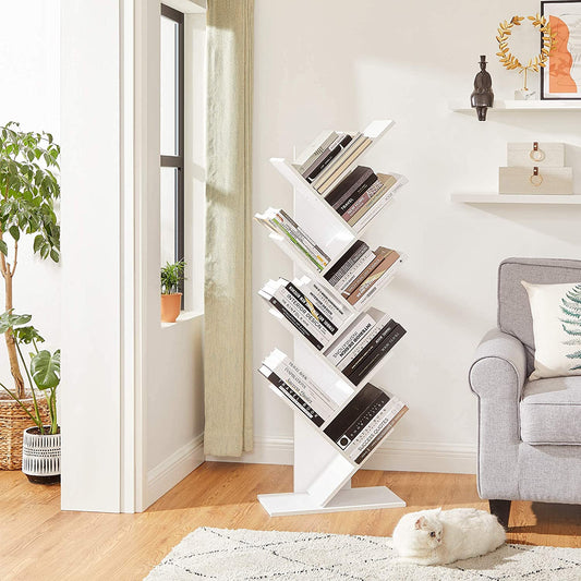 Tree Bookshelf, 8 Tier Floor Standing Bookcase with Wooden Shelves for Living Room, Home Office, White