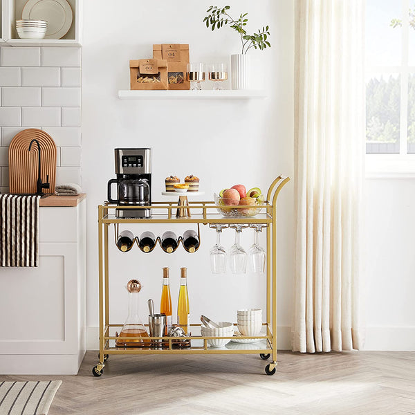 Serving Trolley Trolley Glass Holder 2 Mirrored Glass Shelves Bar Trolley Wine Cart Kitchen Dining Bar Gold - Karrari