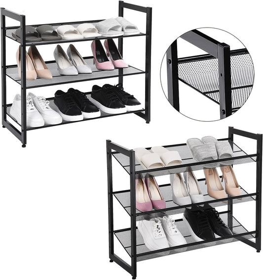 3-Tier Shoe Rack Storage, Steel Mesh, Flat or Angled Stackable Shelf Stand for 9 to 12 Pairs of Shoes, Black