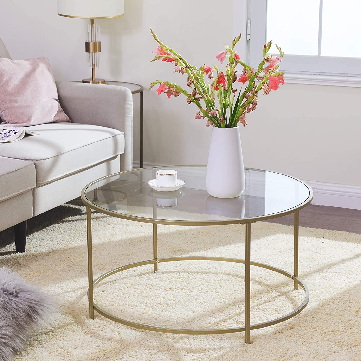 Round Coffee Table, Glass Table with Steel Gold Frame