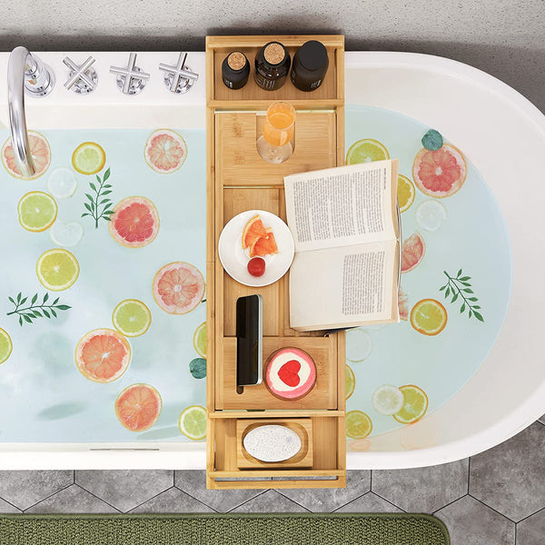 Bamboo Bathtub Tray with Book & Drink Holder - Karrari