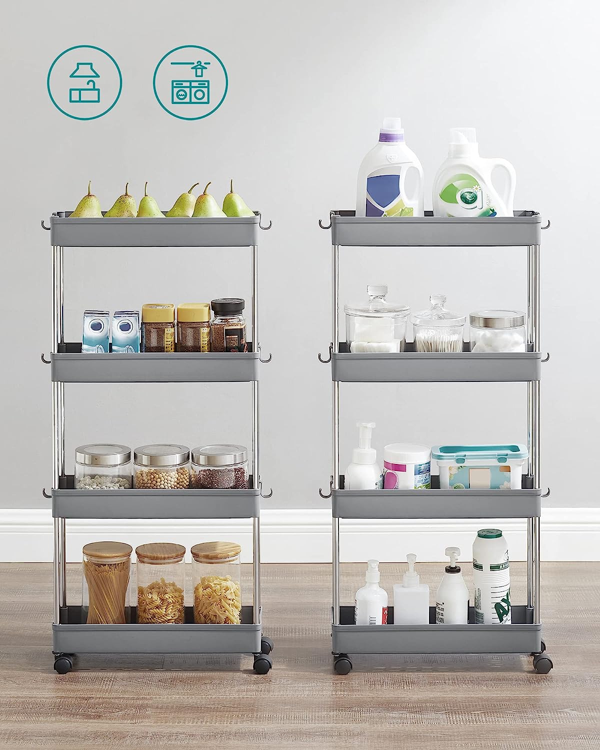 Multiple One Wheel Storage 4-Tier Storage Trolley on Wheels, Plastic Storage Unit, Space-Saving S