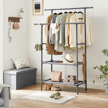 Metal coat stand with 2 clothes rails 2 shelves holds up to 70 kg