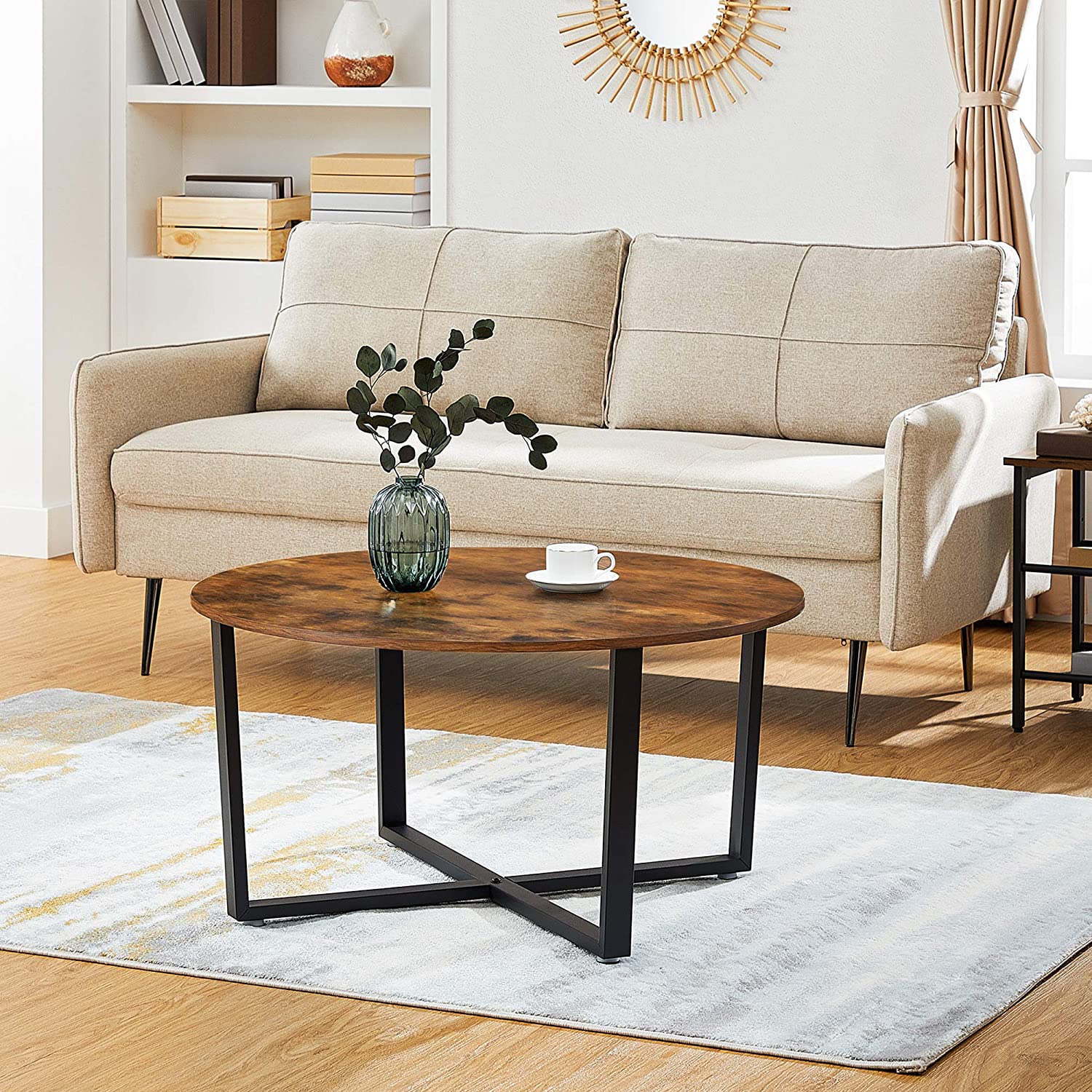 Round Coffee Table, Industrial Style Cocktail Table, Durable Metal Frame, Easy To Assemble, for Living Room