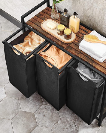 Laundry Basket, Laundry Hamper, Laundry Sorter with 3 Pull-Out and Removable Bags, 1 Storage Shelf, 38L Capacity per Bag