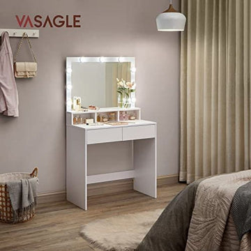 Dressing Table with LED Lighting, Vanity Table with Mirror, Adjustable Brightness, 2 Drawers and 3 Open Compartments